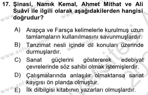 XVI-XIX. Yüzyıllar Türk Dili Dersi 2023 - 2024 Yılı Yaz Okulu Sınavı 17. Soru