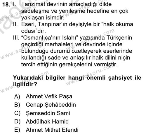 XVI-XIX. Yüzyıllar Türk Dili Dersi 2023 - 2024 Yılı Yaz Okulu Sınavı 18. Soru