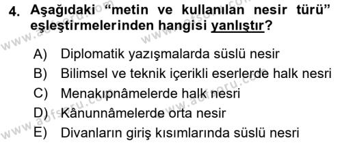 XVI-XIX. Yüzyıllar Türk Dili Dersi 2023 - 2024 Yılı Yaz Okulu Sınavı 4. Soru