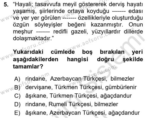 XVI-XIX. Yüzyıllar Türk Dili Dersi 2023 - 2024 Yılı Yaz Okulu Sınavı 5. Soru