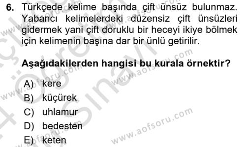 XVI-XIX. Yüzyıllar Türk Dili Dersi 2023 - 2024 Yılı Yaz Okulu Sınavı 6. Soru