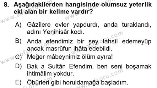 XVI-XIX. Yüzyıllar Türk Dili Dersi 2023 - 2024 Yılı Yaz Okulu Sınavı 8. Soru