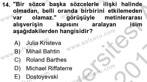 Eleştiri Kuramları Dersi 2016 - 2017 Yılı 3 Ders Sınavı 14. Soru