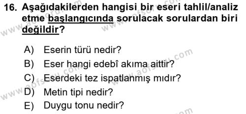 Eleştiri Kuramları Dersi 2017 - 2018 Yılı 3 Ders Sınavı 16. Soru