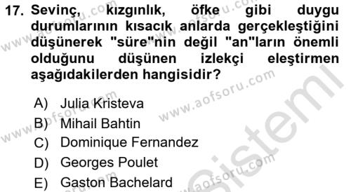 Eleştiri Kuramları Dersi 2018 - 2019 Yılı 3 Ders Sınavı 17. Soru