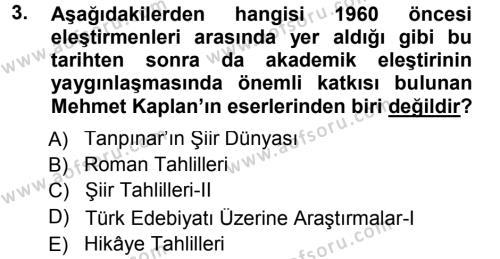 Eleştiri Tarihi Dersi 2012 - 2013 Yılı (Final) Dönem Sonu Sınavı 3. Soru