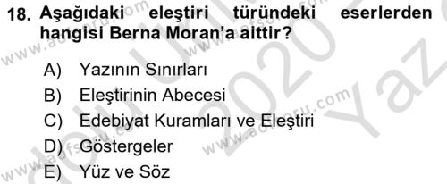 Eleştiri Tarihi Dersi 2020 - 2021 Yılı Yaz Okulu Sınavı 18. Soru