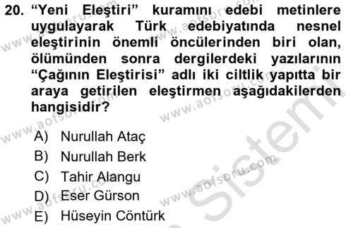 Eleştiri Tarihi Dersi 2020 - 2021 Yılı Yaz Okulu Sınavı 20. Soru