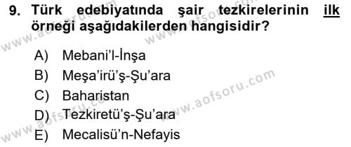 Eleştiri Tarihi Dersi 2020 - 2021 Yılı Yaz Okulu Sınavı 9. Soru