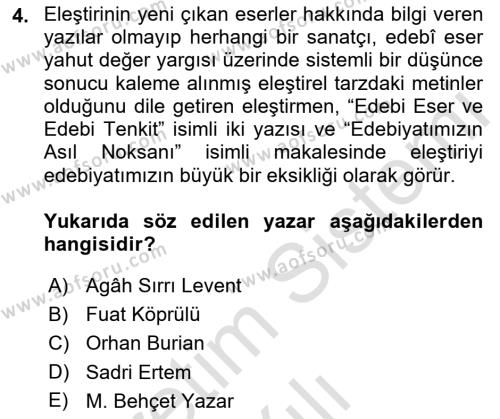 Eleştiri Tarihi Dersi 2021 - 2022 Yılı Yaz Okulu Sınavı 4. Soru