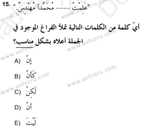 Arapça 2 (APÇ) Dersi 2018 - 2019 Yılı (Final) Dönem Sonu Sınavı 15. Soru