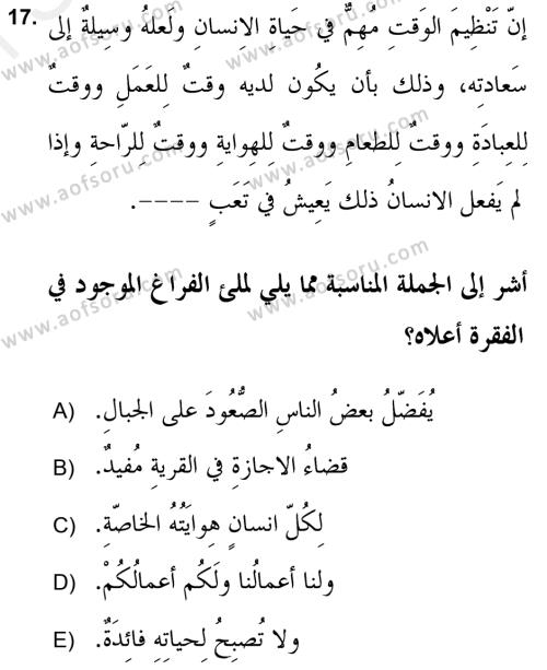 Arapça 2 (APÇ) Dersi 2018 - 2019 Yılı (Final) Dönem Sonu Sınavı 17. Soru
