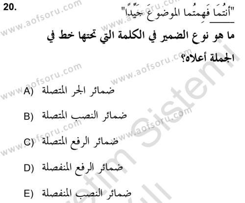 Arapça 2 (APÇ) Dersi 2021 - 2022 Yılı (Vize) Ara Sınavı 20. Soru