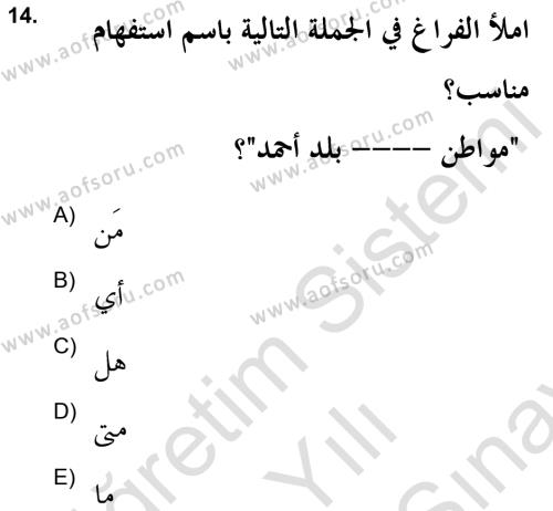 Arapça 2 (APÇ) Dersi 2021 - 2022 Yılı (Final) Dönem Sonu Sınavı 14. Soru
