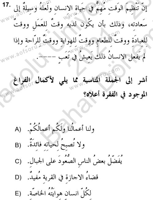 Arapça 2 (APÇ) Dersi 2021 - 2022 Yılı (Final) Dönem Sonu Sınavı 17. Soru