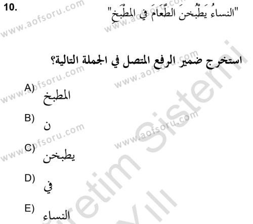 Arapça 2 (APÇ) Dersi 2021 - 2022 Yılı Yaz Okulu Sınavı 10. Soru