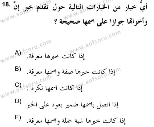 Arapça 2 (APÇ) Dersi 2021 - 2022 Yılı Yaz Okulu Sınavı 18. Soru