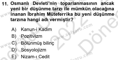 İslam Düşünce Tarihi Dersi 2022 - 2023 Yılı (Final) Dönem Sonu Sınavı 11. Soru