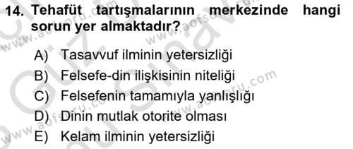 İslam Düşünce Tarihi Dersi 2022 - 2023 Yılı (Final) Dönem Sonu Sınavı 14. Soru