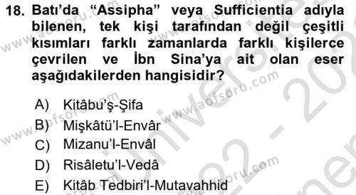 İslam Düşünce Tarihi Dersi 2022 - 2023 Yılı (Final) Dönem Sonu Sınavı 18. Soru