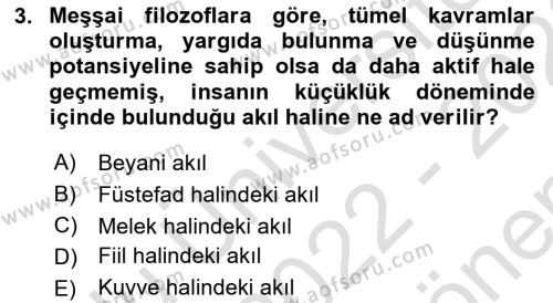 İslam Düşünce Tarihi Dersi 2022 - 2023 Yılı (Final) Dönem Sonu Sınavı 3. Soru