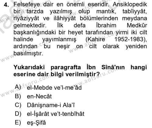 İslam Düşünce Tarihi Dersi 2022 - 2023 Yılı (Final) Dönem Sonu Sınavı 4. Soru