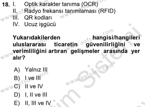 Dış Ticarete Giriş Dersi 2021 - 2022 Yılı (Final) Dönem Sonu Sınavı 18. Soru