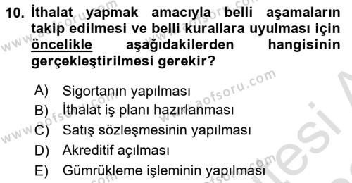 Dış Ticarete Giriş Dersi 2021 - 2022 Yılı Yaz Okulu Sınavı 10. Soru