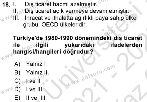 Dış Ticarete Giriş Dersi 2021 - 2022 Yılı Yaz Okulu Sınavı 18. Soru