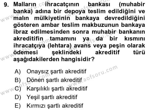 Dış Ticarete Giriş Dersi 2021 - 2022 Yılı Yaz Okulu Sınavı 9. Soru