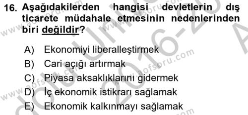 Uluslararası Ticaret Dersi 2016 - 2017 Yılı (Vize) Ara Sınavı 16. Soru