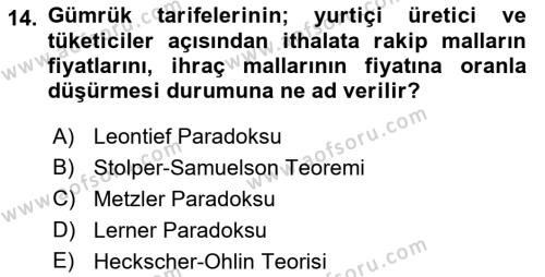 Uluslararası Ticaret Dersi 2017 - 2018 Yılı (Vize) Ara Sınavı 14. Soru