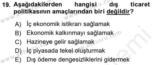 Uluslararası Ticaret Dersi 2017 - 2018 Yılı (Vize) Ara Sınavı 19. Soru