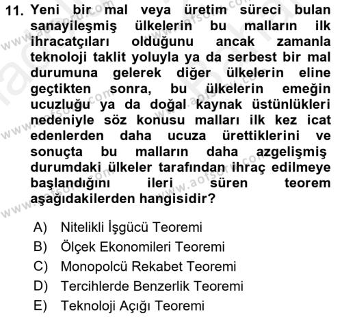 Uluslararası Ticaret Dersi 2018 - 2019 Yılı (Vize) Ara Sınavı 11. Soru