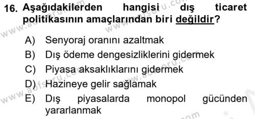 Uluslararası Ticaret Dersi 2018 - 2019 Yılı (Vize) Ara Sınavı 16. Soru