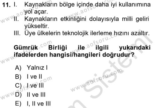 Uluslararası Ticaret Dersi 2020 - 2021 Yılı Yaz Okulu Sınavı 11. Soru