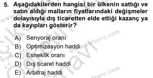 Uluslararası Ticaret Dersi 2020 - 2021 Yılı Yaz Okulu Sınavı 5. Soru