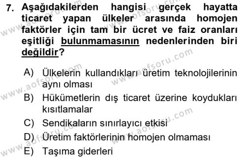 Uluslararası Ticaret Dersi 2020 - 2021 Yılı Yaz Okulu Sınavı 7. Soru