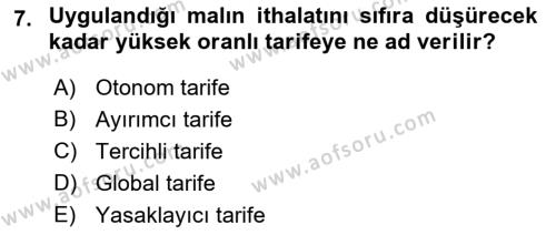 Uluslararası Ticaret Dersi 2021 - 2022 Yılı (Vize) Ara Sınavı 7. Soru