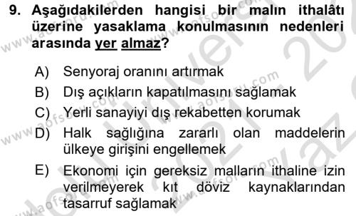 Uluslararası Ticaret Dersi 2021 - 2022 Yılı Yaz Okulu Sınavı 9. Soru