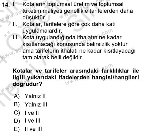 Uluslararası Ticaret Dersi 2023 - 2024 Yılı (Vize) Ara Sınavı 14. Soru