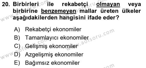 Uluslararası Ticaret Dersi 2023 - 2024 Yılı (Vize) Ara Sınavı 20. Soru