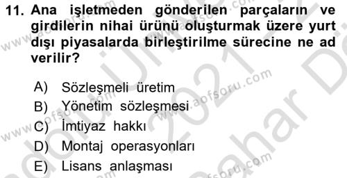 Dış Ticarette Girişimcilik Dersi 2021 - 2022 Yılı (Vize) Ara Sınavı 11. Soru