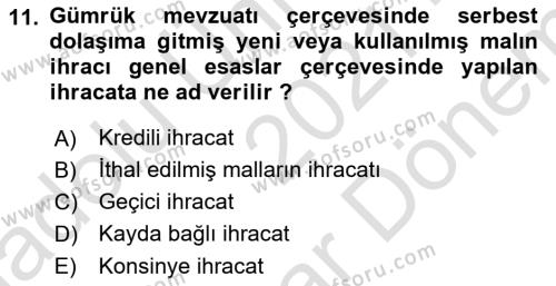 Dış Ticarette Girişimcilik Dersi 2021 - 2022 Yılı (Final) Dönem Sonu Sınavı 11. Soru