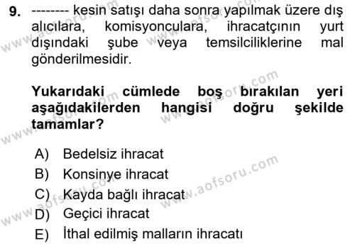 Dış Ticarette Girişimcilik Dersi 2021 - 2022 Yılı (Final) Dönem Sonu Sınavı 9. Soru