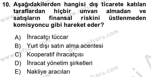 Dış Ticarette Girişimcilik Dersi 2021 - 2022 Yılı Yaz Okulu Sınavı 10. Soru