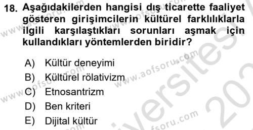 Dış Ticarette Girişimcilik Dersi 2022 - 2023 Yılı Yaz Okulu Sınavı 18. Soru