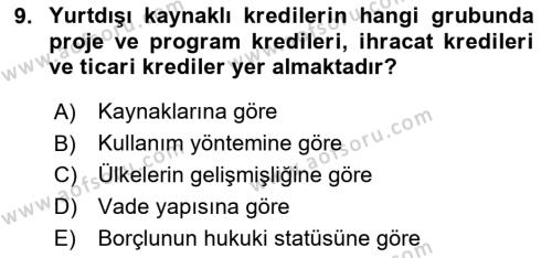 Dış Ticaretin Finansmanı ve Teşviki Dersi 2024 - 2025 Yılı (Vize) Ara Sınavı 9. Soru