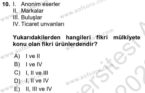 Elektronik Ticaret Dersi 2021 - 2022 Yılı Yaz Okulu Sınavı 10. Soru