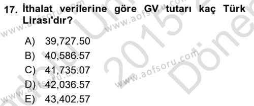 İhracat - İthalatta Örnek Olaylar Dersi 2015 - 2016 Yılı (Final) Dönem Sonu Sınavı 17. Soru